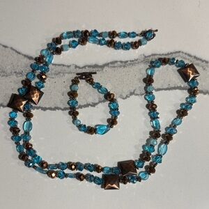 Elegant Blue and Brown Beaded Necklace and Bracelet Set